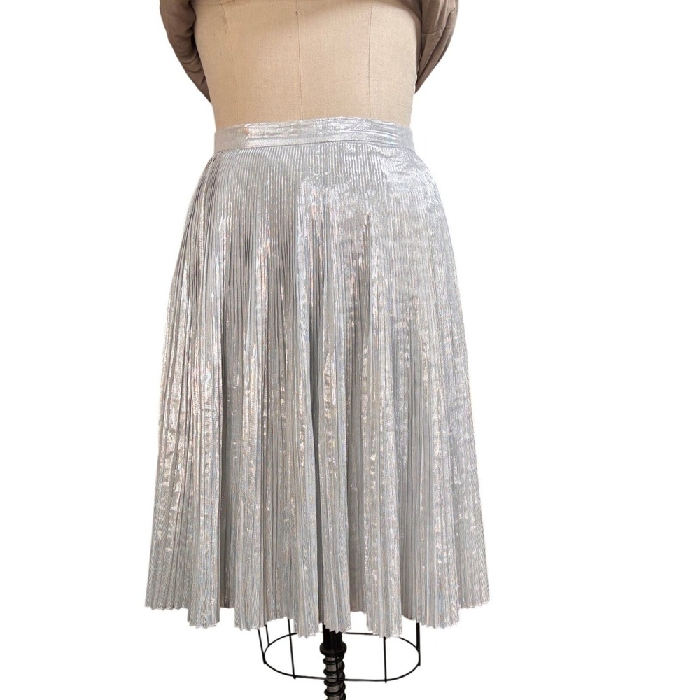 Talbots Metallic Pleated Shimmer Midi Skirt 4 Silver - Picture 2 of 7